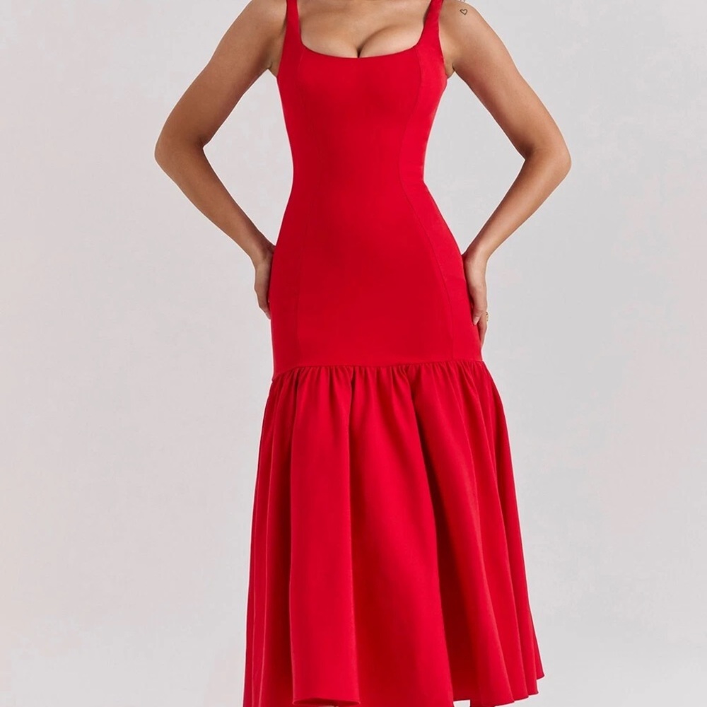 House of CB Red Scoop-Neck Midi Dress drop waist xs amore scarlet - Picture 11 of 15